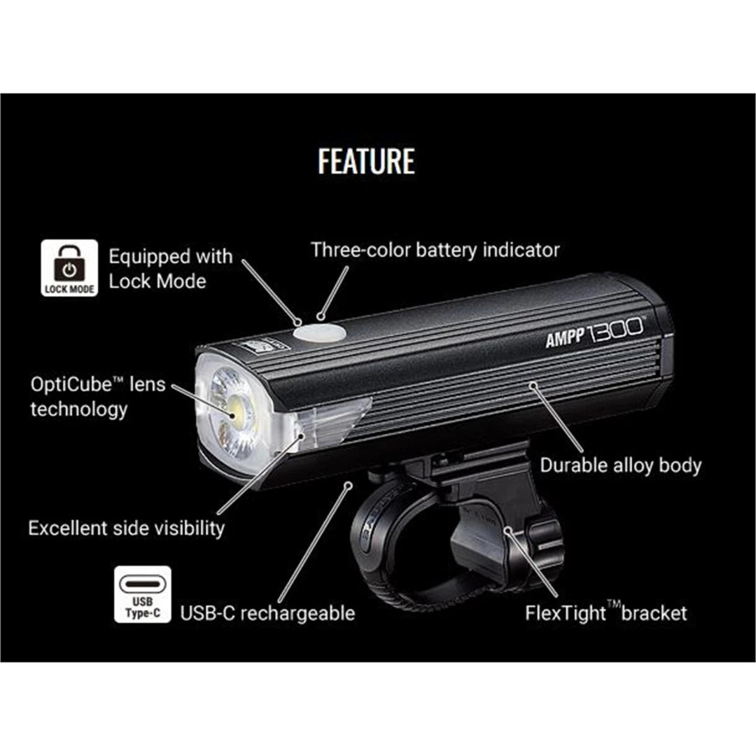 Cateye AMPP 1300 Front Bike Light - High Power 1300 Lumen LED With OptiCube Lens