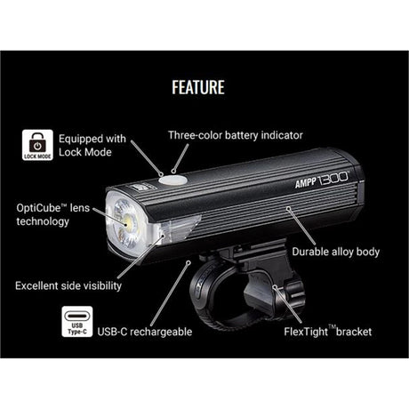 Cateye AMPP 1300 Front Bike Light - High Power 1300 Lumen LED With OptiCube Lens